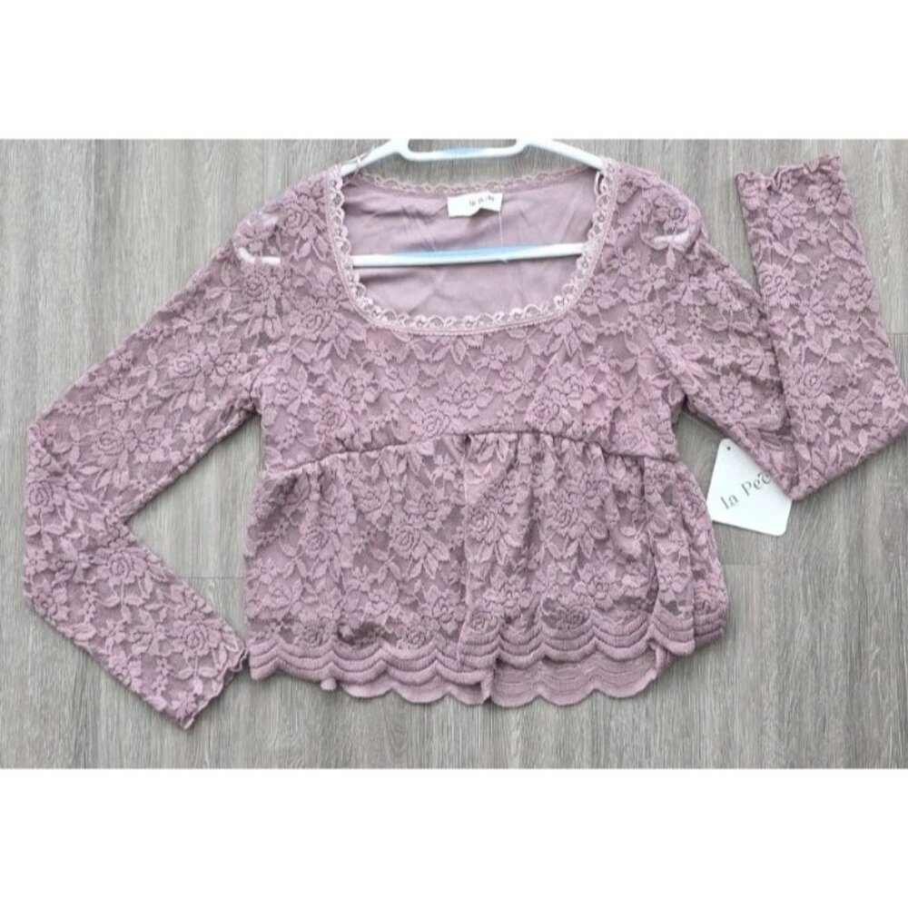 La Peche Mauve Lace Boho Top M Long Sleeve Floral Bridal Babydoll Cotton Blend - Picture 7 of 10